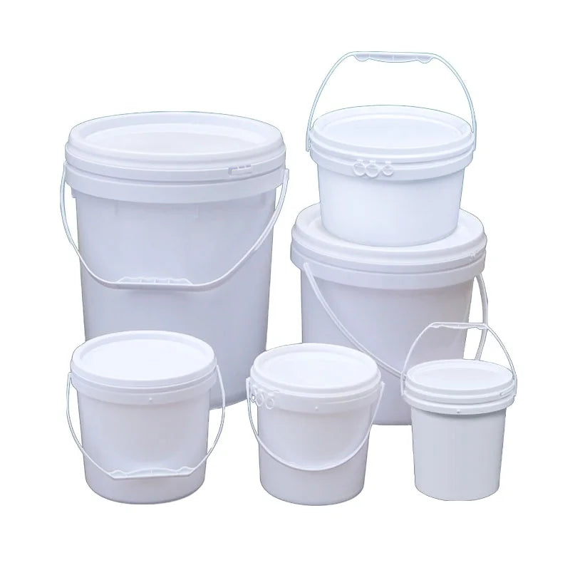 Food Grade Plastic Packaging Container Drum Pails with Handle Lids 1L to 7G Gallon Sizes for Paint Sealant & Other Liquids