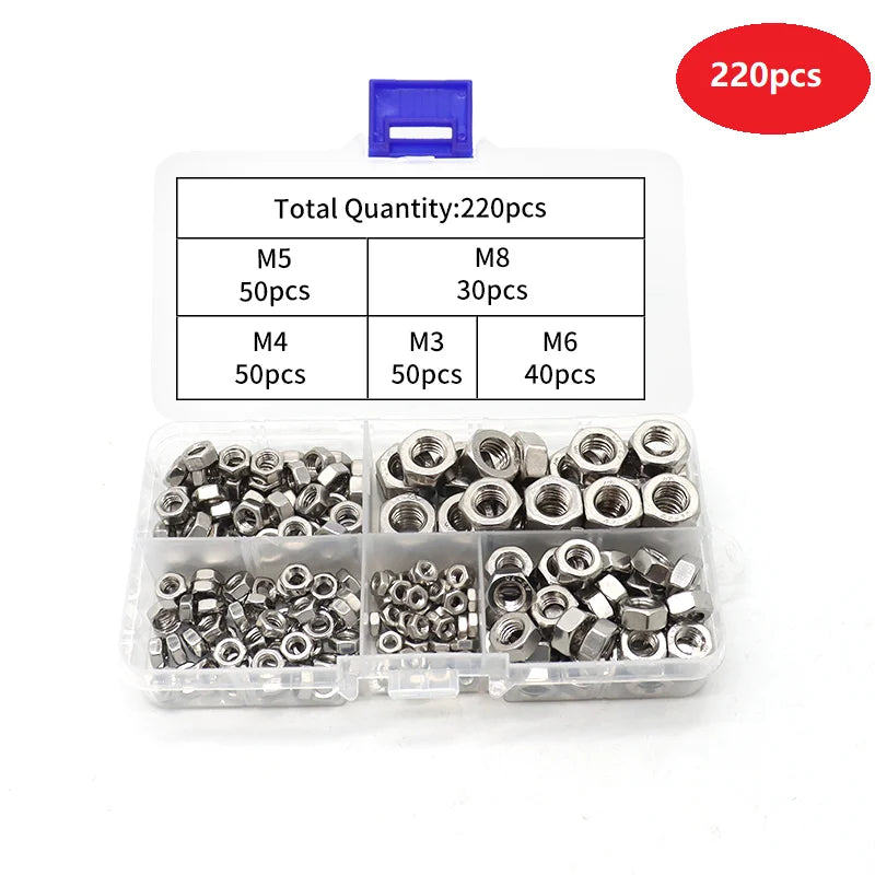 Retailing 220pcs 304 Stainless Steel Metric Nut Assortment Kit 5 Sizes M3 M4 M5 M6 M8 Stainless Steel Nuts