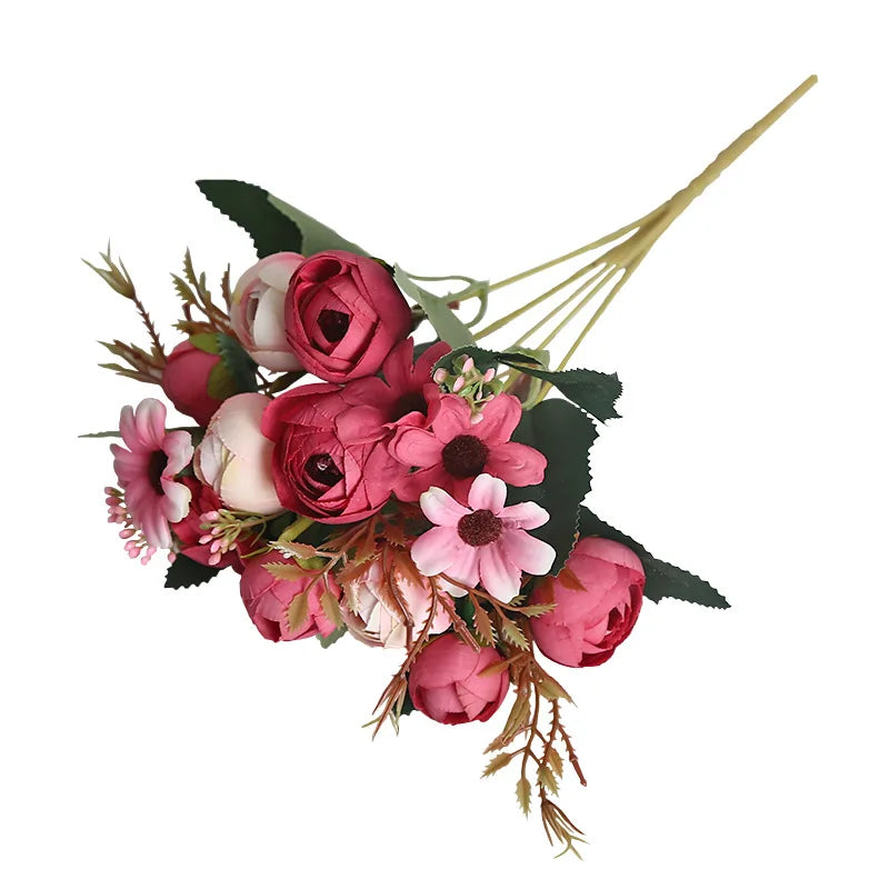 Wholesale 9 Heads Roses Camellia Flower Artificial Silk Wedding Decorative Camellia Rose Bouquet