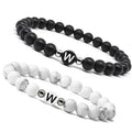 Lovers 26 Letter Charm 6mm Black Matte Frosted Agate Elastic Beaded Couple Bracelet for Women Men