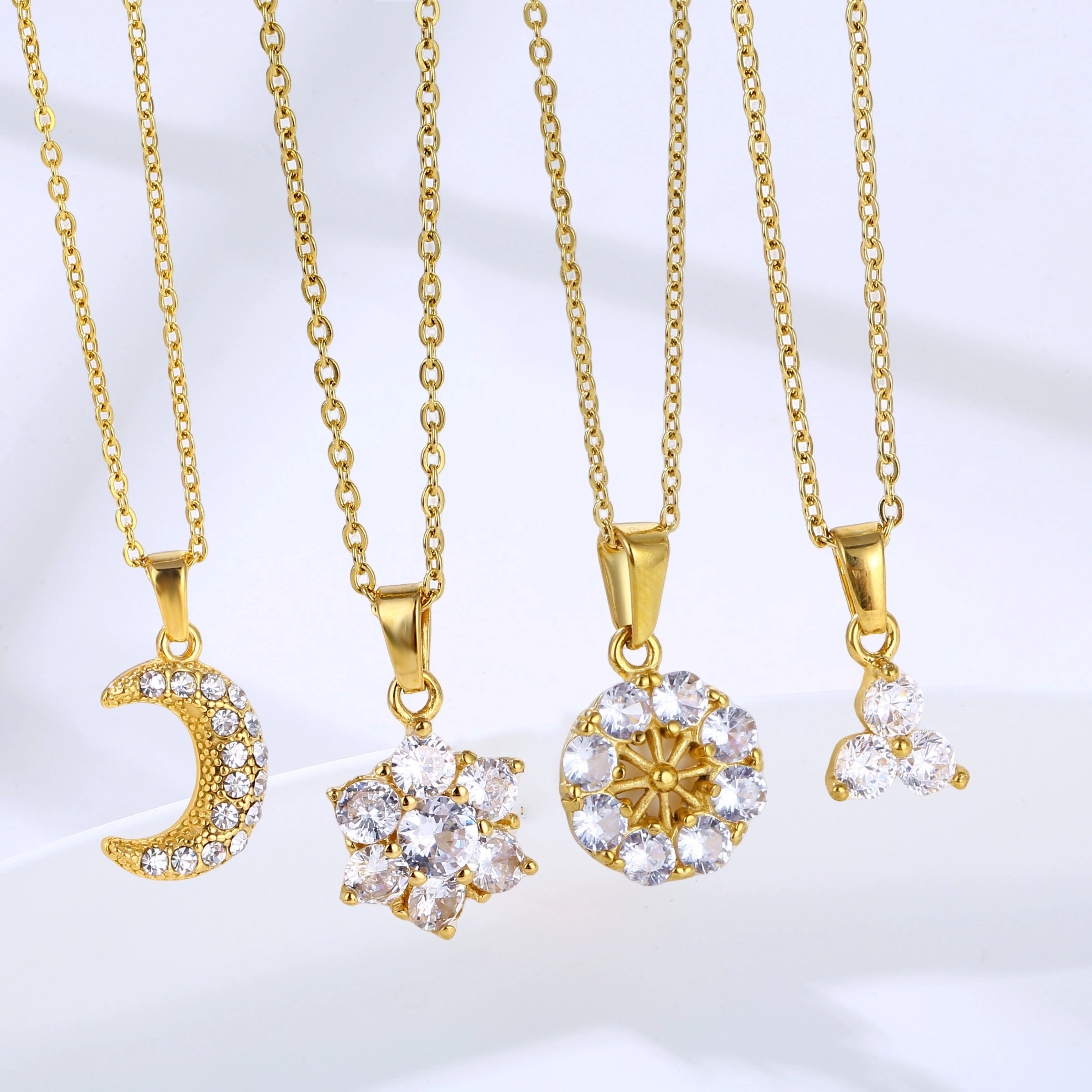 Fashion Jewelry 18K Gold Plated Necklace Birthstone Zirconia Flower Moon Pendant Chain Necklace Gift