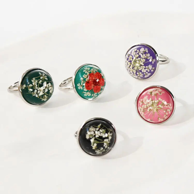 Custom Adjustable Couples Fashion Jewelry Rings Round Resin Dried Flower Plant Ring