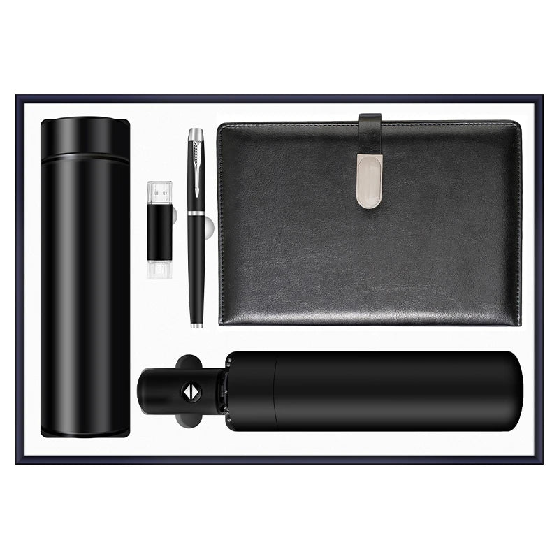Exquisite Business Style Welcome Home Gift Set Umbrella Automatic Open Close Stainless Steel Vacuum Flask A5 Notebook 16GB USB