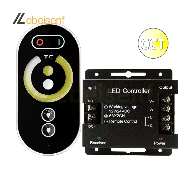High Power LED Controller DC 12V 24V 12A CCT PWM Signal Dimmer RF Touch Remote 5050 2-Channel Dual Color Metal Light Strip
