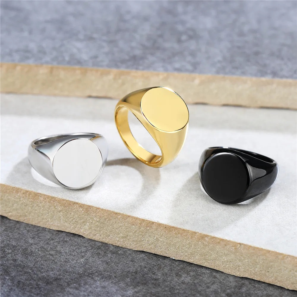 SC Gold Plated Fashion Ring Set Personalized Fashion Simple Classic Round Stainless Steel Customized Signet Engraved Rings