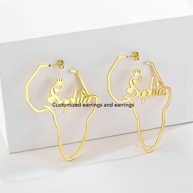 High Quality 18k Gold Plated Africa Map Earrings Jewelry Custom Stainless Steel Love Word Earring for Women