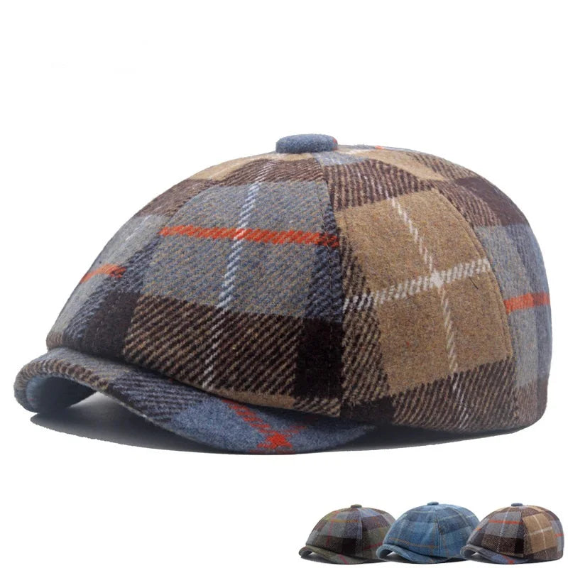 Wholesale Gingham Autumn Winter Warm Wool Blend Mens Classic Vintage Newsboy Flat Caps Men Newsboy Cap
