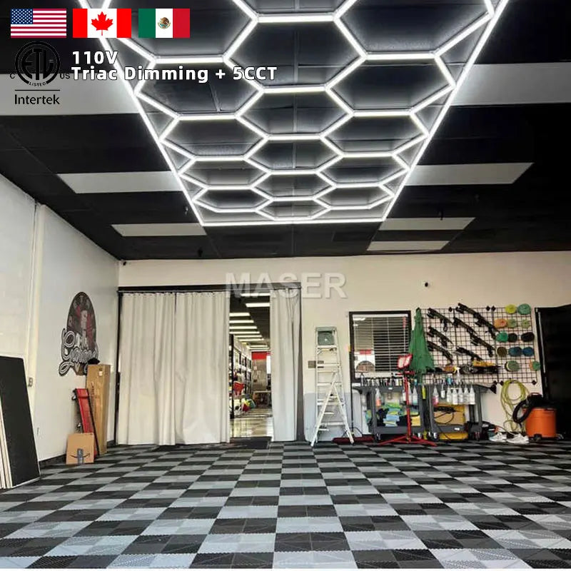 New Design 5CCT Dimmable LED Hexagon Light Waterproof Ceiling Work Light for Car Showroom Garage 15x Detailing AC for Workshops