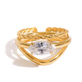 Luxury Jewelry 18K Gold Plated Stainless Steel Open Overlapping Water Drop Large Cubic Zirconia Ring