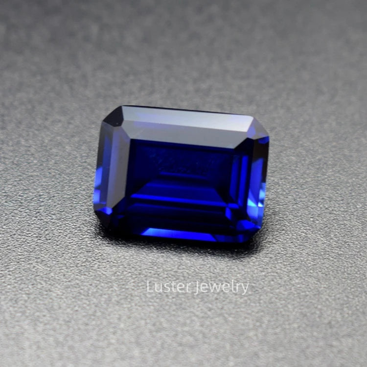 Luster Jewellery Wholesale Price Loose Gemstone Lab Created Certified Emerald Cut Blue Sapphire with Waxing/Oiling Treatment