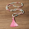 Ethnic Style Mala 108 Beaded Yoga Necklace Vintage Fashion Handmade Knotted Long Tassel Rhodochrosite Gemstone Geometric Pattern
