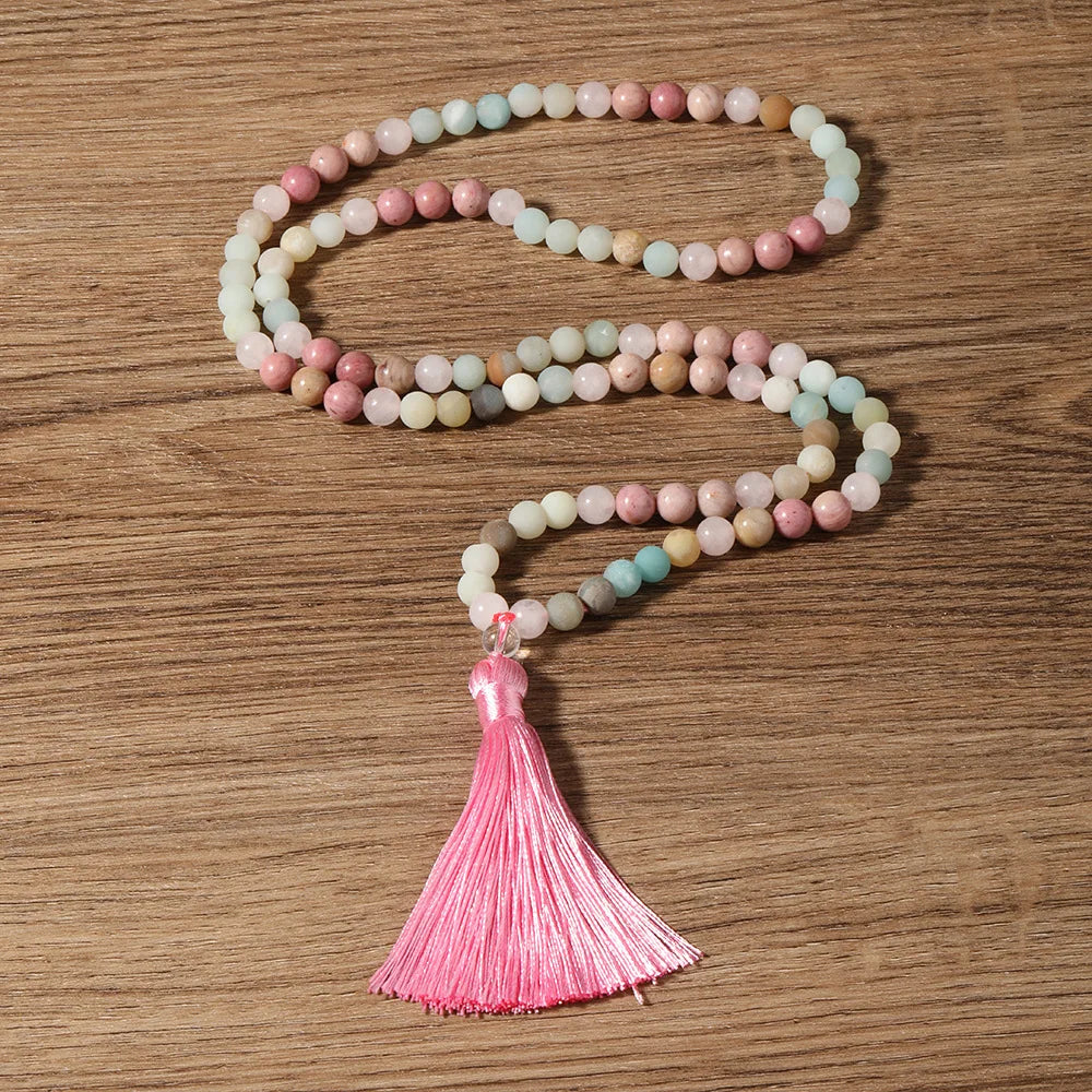 Ethnic Style Mala 108 Beaded Yoga Necklace Vintage Fashion Handmade Knotted Long Tassel Rhodochrosite Gemstone Geometric Pattern