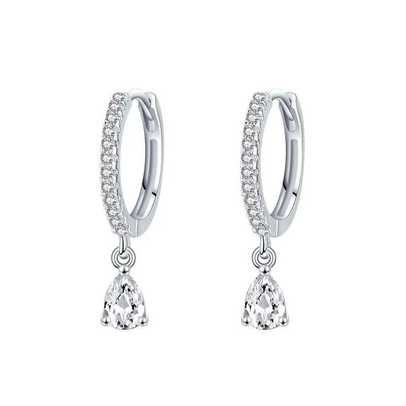 Daidan Zirconia Earrings Silver White Stone Teardrop Hoop Women'S Geometric Drop 925 Sterling Silver Hoop Earring