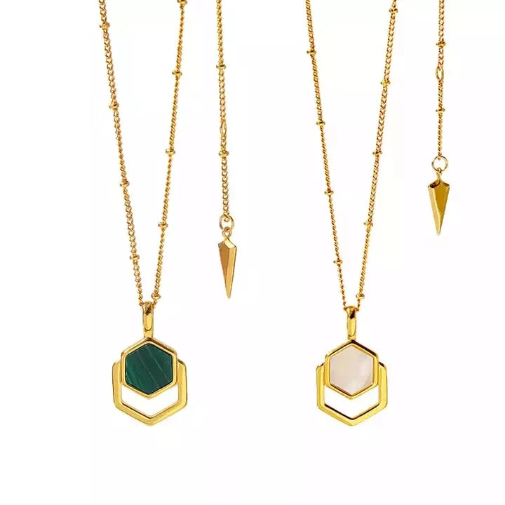 SC Fashion 18K Gold Plated Satellite Chain Necklace Retro Geometric Hexagonal Shell Malachite Pendant Necklace Earring for Women