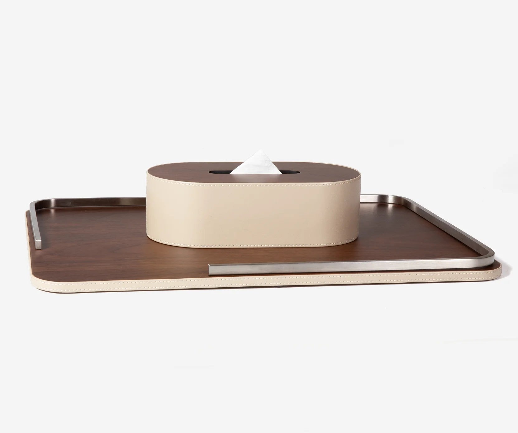 S-709 Hot Selling Rectangle Walnut Wood Serving Tray Set Stainless Steel Frame Eco-Friendly Storage Trays for Home Decor