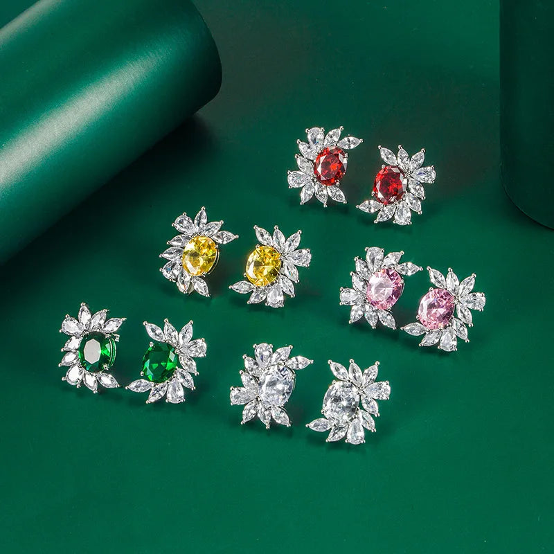 Colorful Ladies Gemstone Geometric Handmade Charms Cute Flower Crystal Diamond Earrings