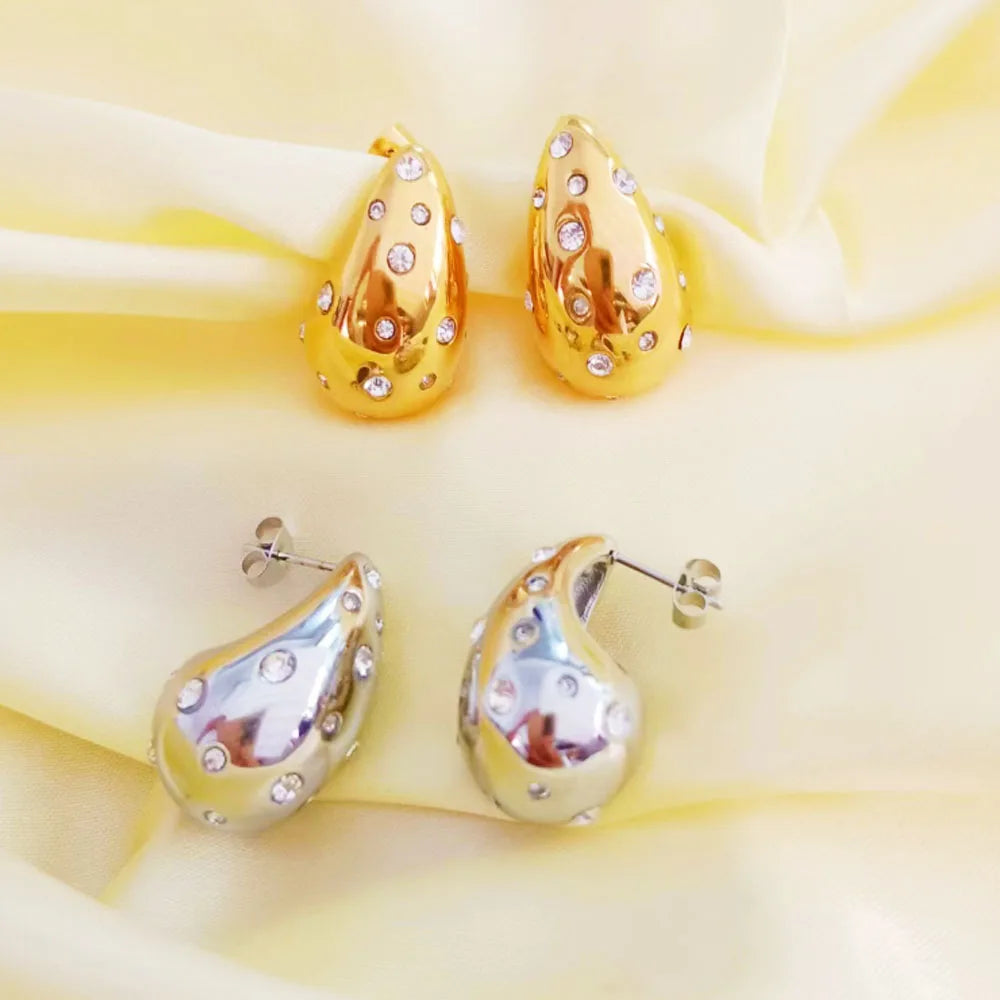 Wholesale Bulk Minimalist Chunky Women Trendy Design Titanium Stainless Steel 18k Gold Plated Chic Tear Drop Earring with Zircon