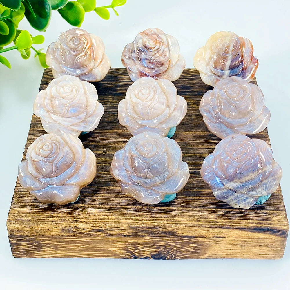 Hot Sale High Quality Natural Moonstone Crystal Decorations Hand Carved Small Blue Flash Rose for Home Decor