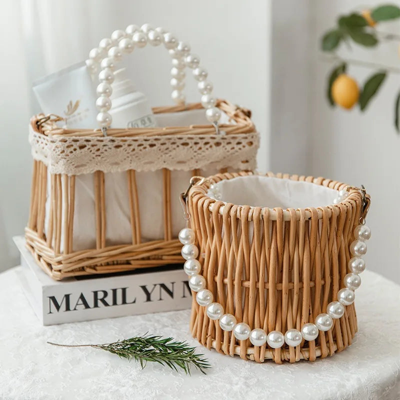 Vintage New Rattan Woven Crossbody Bag Hand-Woven Wicker Pearl Basket Beach Travel Bag with Polyester Lining