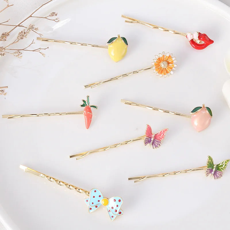 Sweet Dripping Oil Fruit Butterfly Bear Daisy Lips Lemon Carrot Hairpin Cute Small Fresh Bow Hair Clips for Girl