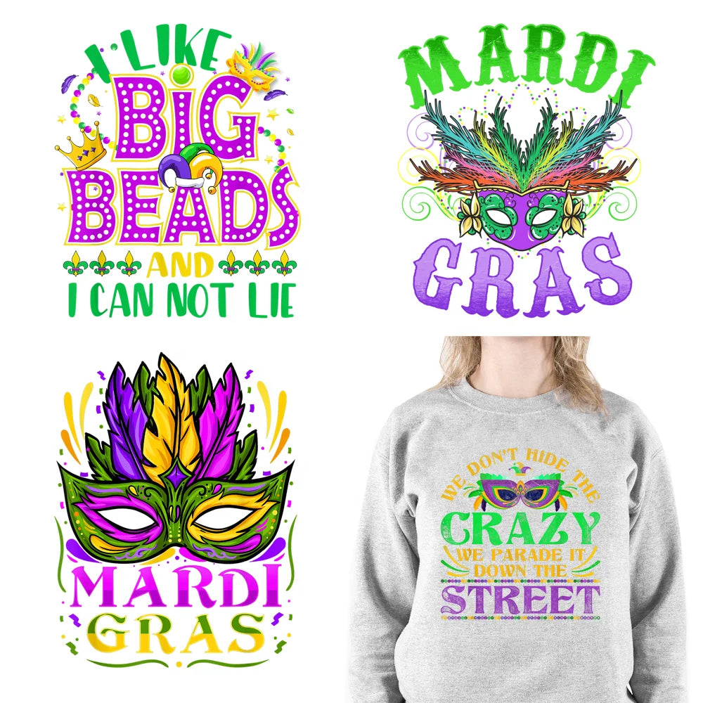 2023 Mardi Gras Designs DTF Heat Transfers Full Color Offset Printing Big Beads Mardi Gras Heat Transfer Prints for Cloth