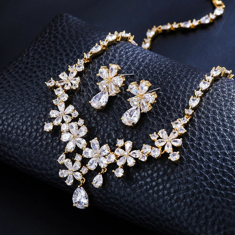 Weiman New Arrival Floral Cubic Zirconia Necklace Wedding Bridal Jewelry Set Gifts for Brides Parties Engagements Anniversaries