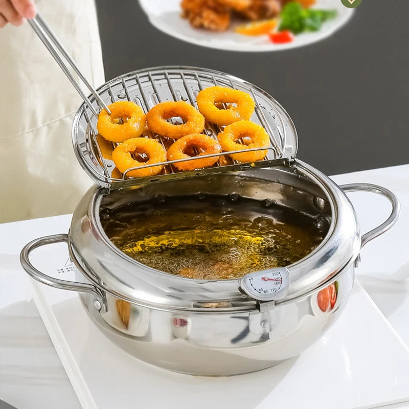 Deep Fryer Pot 304 Stainless Steel Japanese Frying Pot with Temperature Control and Lid Oil Drip Drainer Rack