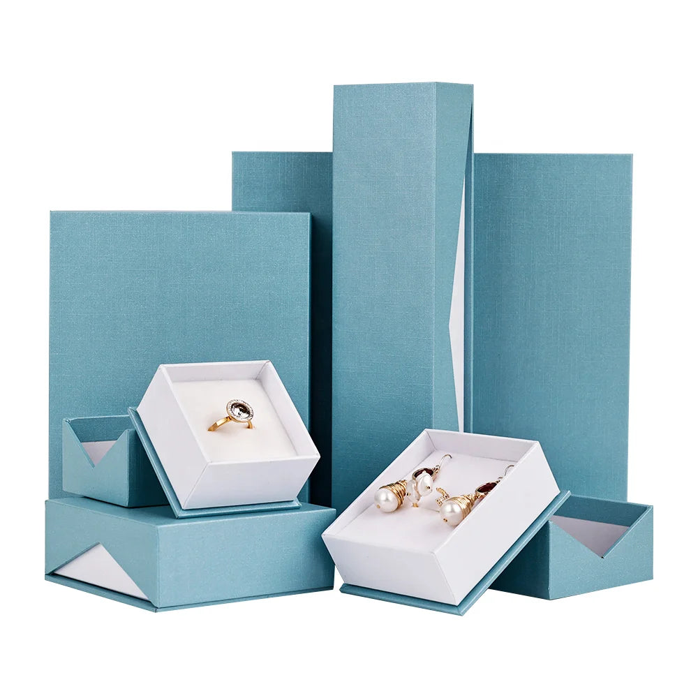 New Style Factory Custom  Hot Stamped or Silk Printing Logo Jewelry Packaging Light Blue Box Jewel