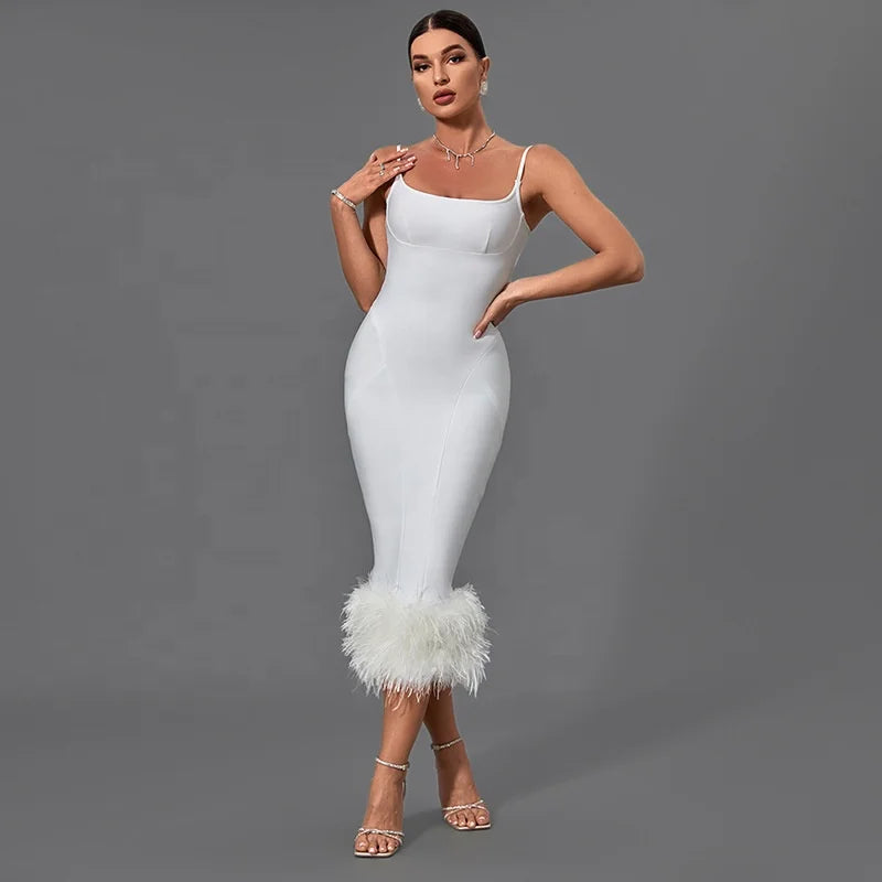OUDINA High-end Women's Clothing Sleeveless Midi Ostrich Feather Casual Elegant Party Dresses Ladies Long Dress