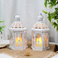 Set of 2 Vintage Decorative Lanterns 9.5" H Hanging Lantern Metal Candleholder with Tempered Glass for Events Wedding