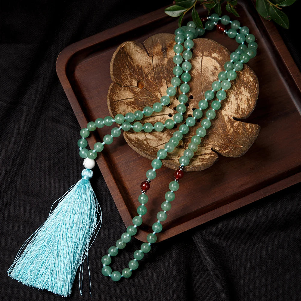 Natural Stone Beads for Yoga Knot Meditation Rosary 108 Mala Prayer Beads Necklace & Bracelet with Tassels 8mm
