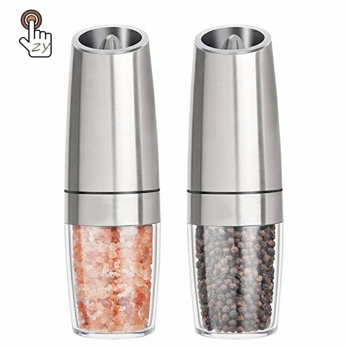 Electric Gravity Salt and Pepper Grinder Set with Adjustable Coarseness Automatic Pepper and Salt Mill Battery Powered Blue LED