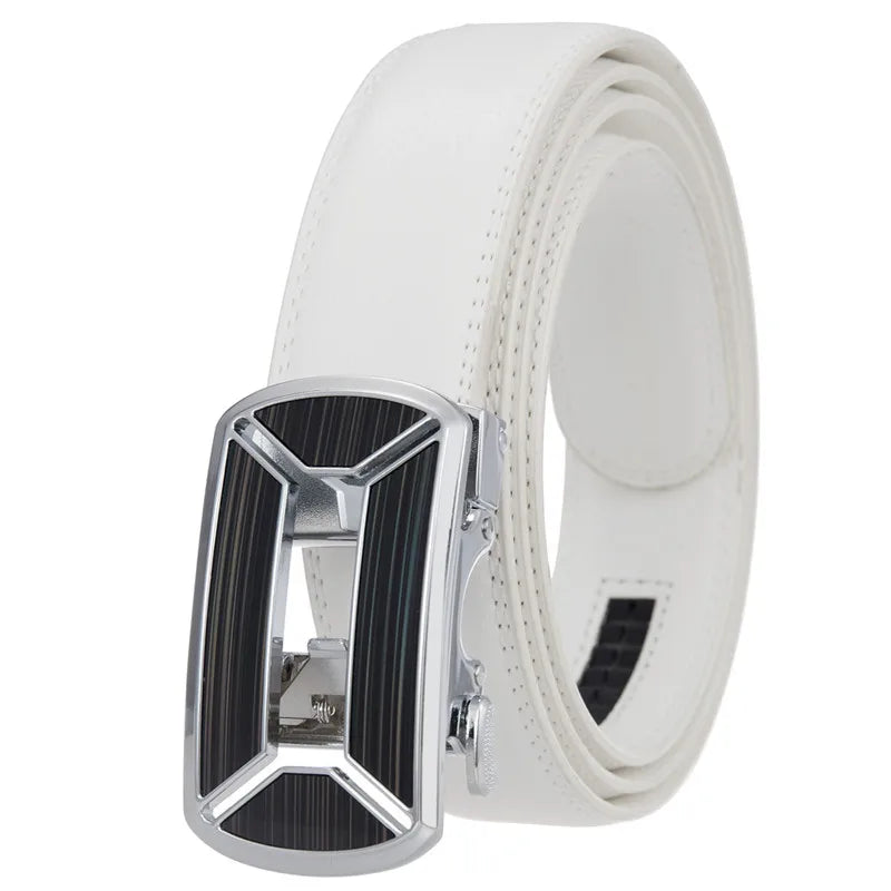 LQBelt Men's Automatic Buckle Belt White Split Leather Belts for Men Alloy Buckle Custom Logo Ratchet Belt Factory