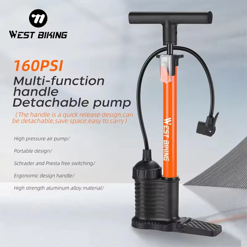 WEST BIKING 160PSI Multi-function Handle Portable Air Cycling Bicycle Foot Pump Cycling Bike Tire Pump High Pressure Pump