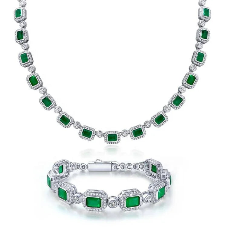 2026 Fashion High Quality Bracelet and Necklace S925 Silver Green Emerald Jewelry Set for Bride