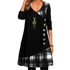 RNSHANGER Elegant Printed Party Dress for Women Autumn V Neck Casual Stitching Buttons Vintage Long-sleeved Pullover Dress