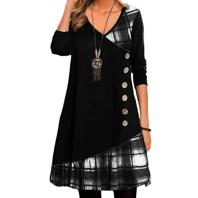 RNSHANGER Elegant Printed Party Dress for Women Autumn V Neck Casual Stitching Buttons Vintage Long-sleeved Pullover Dress