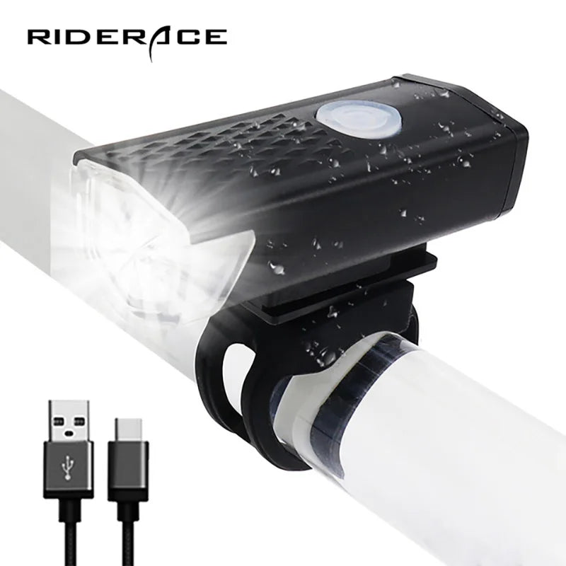 RIDERACE LED Highlight Bicycle Front Light USB Rechargeable Waterproof Bike Headlight 300 Lumens Flashlight Cycling Equipment