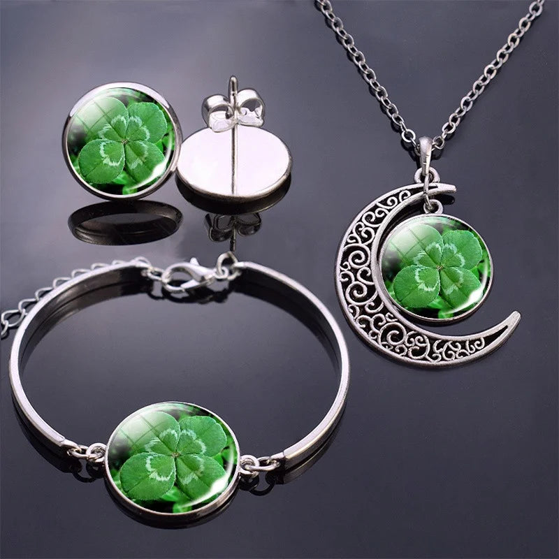 Four Leaf Clover Glass Dome Glow in the Dark Jewelry Clover Designer Bracelet Necklace Earrings Jewelry Set