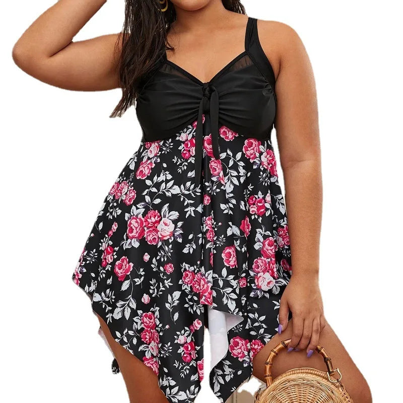 Plus Size Women's Floral Ruffle High Waist 2-Piece Bikini Swimsuit 100% Polyester Quick Dry Breathable Lace Mesh Sheer