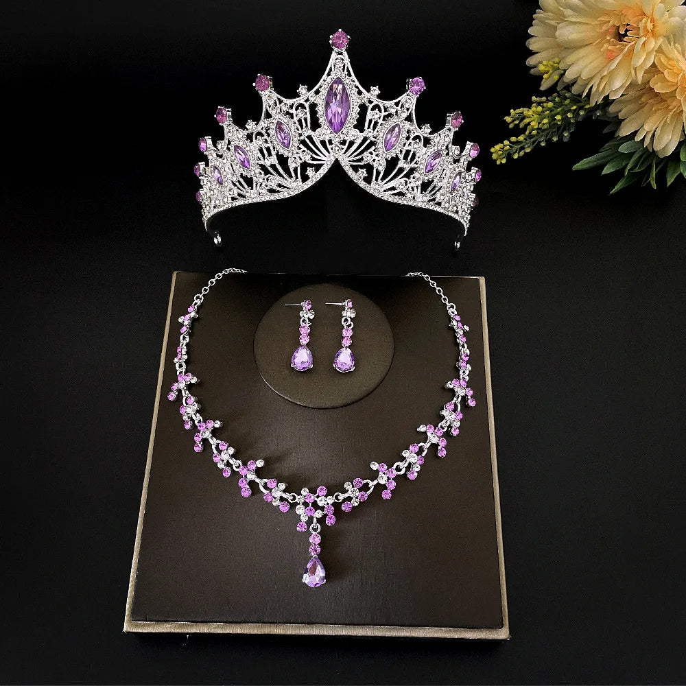 LUOXIN Luxury Purple Crystal Wedding Bridal Jewelry Sets Rhinestone Tiaras Necklace Earrings Set