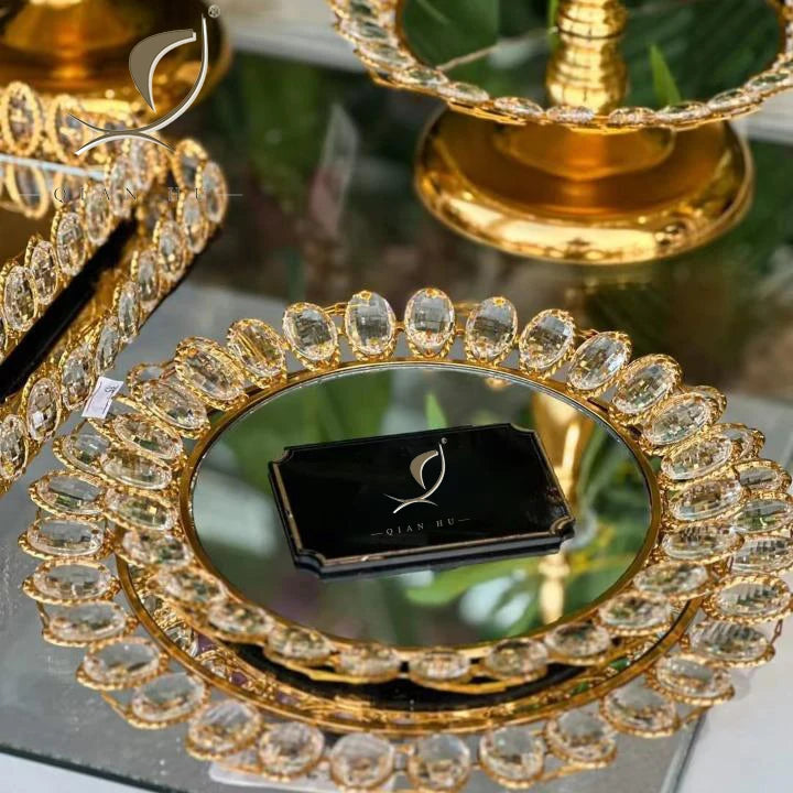 2026 New Arrived QIAN HU Luxury European Eco-Friendly  Metal Mirror Gold Inlay Polished Serving Tray Round Business Gift Plate