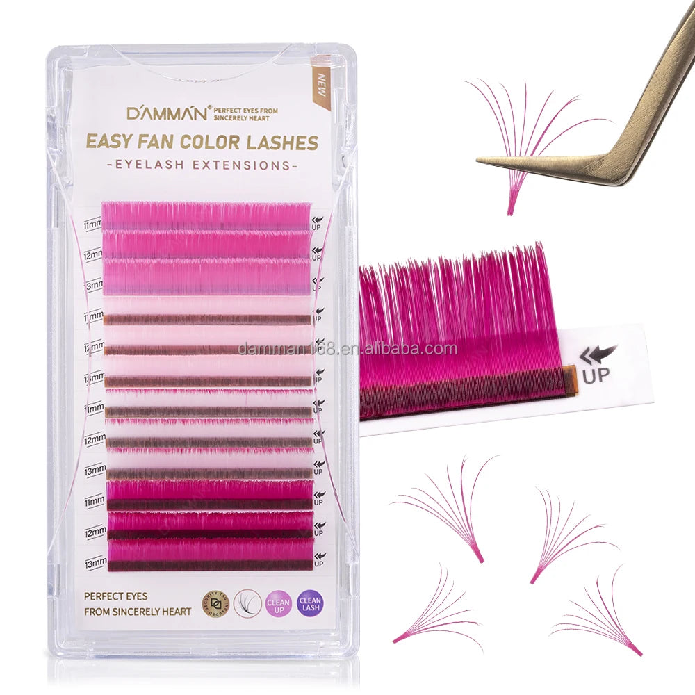 DAMMAN Pink Easy Fans Eyelash Extension 0.07 D Curl Mix 11-13/13-15 Pink Color Auto Fanning Lash Professional Eyelash Factory