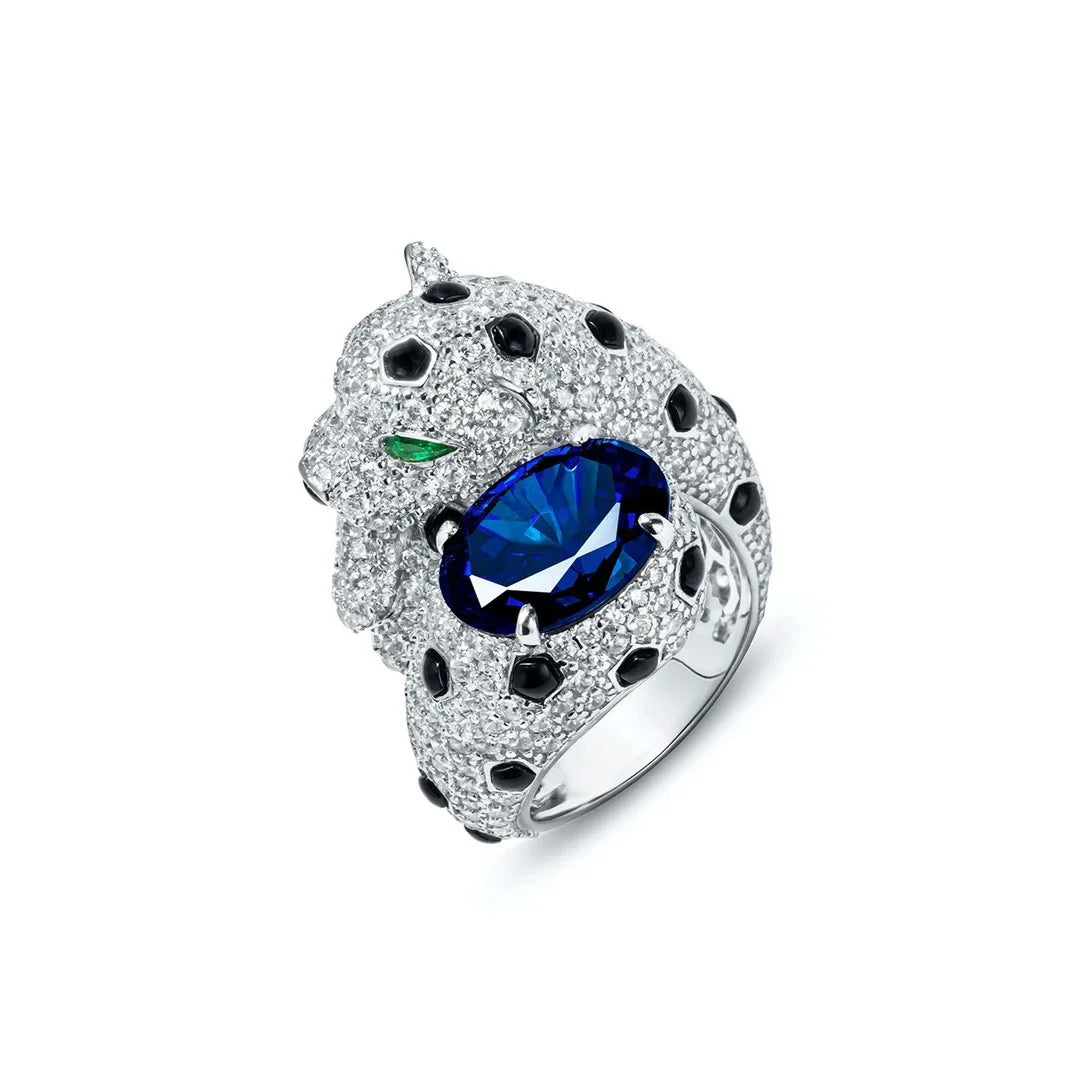 Famous Brand Leopard Deign Rings Big Blue Sapphire Zirconia Ring 925 Sterling Silver Fine Jewelry
