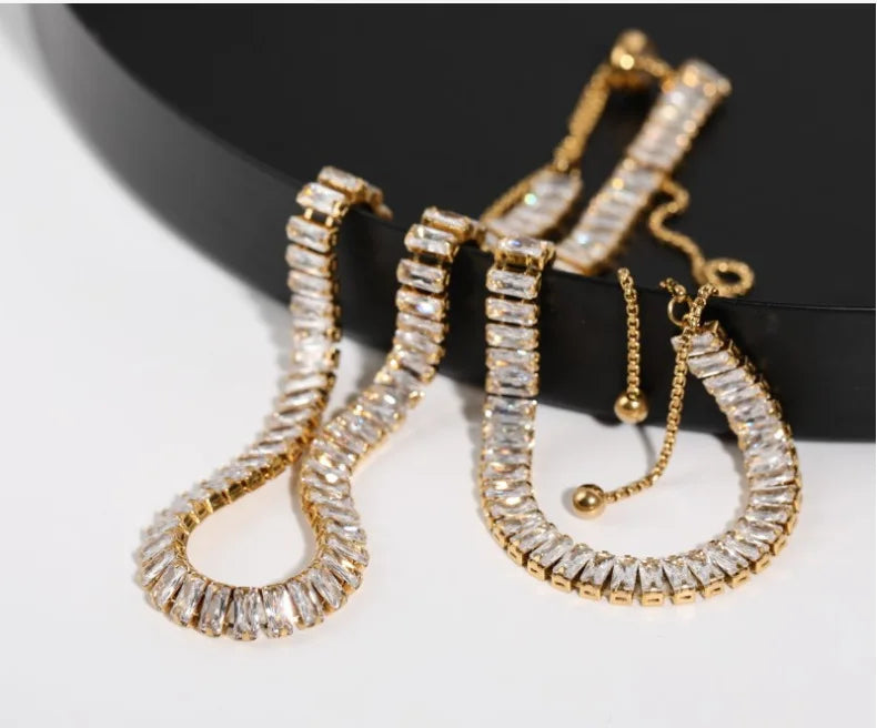 Fashion 18K Gold Plated Stainless Steel Zircon Pendant Bracelet Necklace Jewelry Set for Women