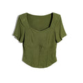 Custom Women's Summer Breathable Cotton Spandex Stretch Skinny O Neck Cropped Top Herringbone Waist T-Shirt