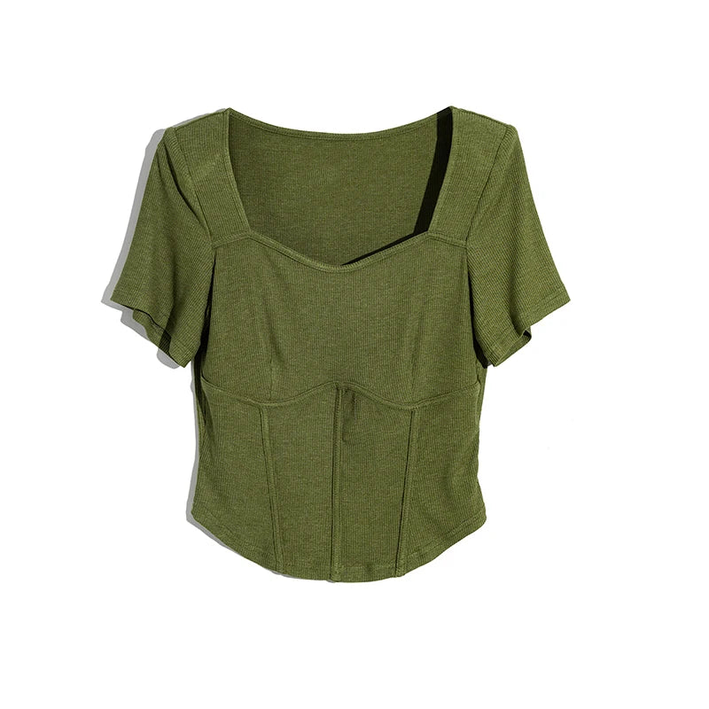 Custom Women's Summer Breathable Cotton Spandex Stretch Skinny O Neck Cropped Top Herringbone Waist T-Shirt