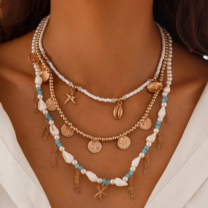 New Bohemian Summer 2024 New Style Multi Layer Alloy Starfish Rice Beads Shell Choker Necklace