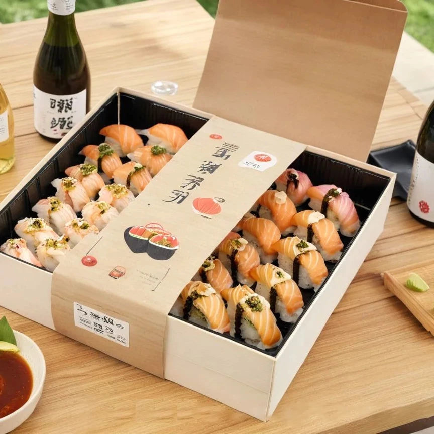 Eco-Friendly Compostable Microwavable Wooden Folders Sushi Tray | Japanese Style Catering & Events Box Matt Lamination for Sugar