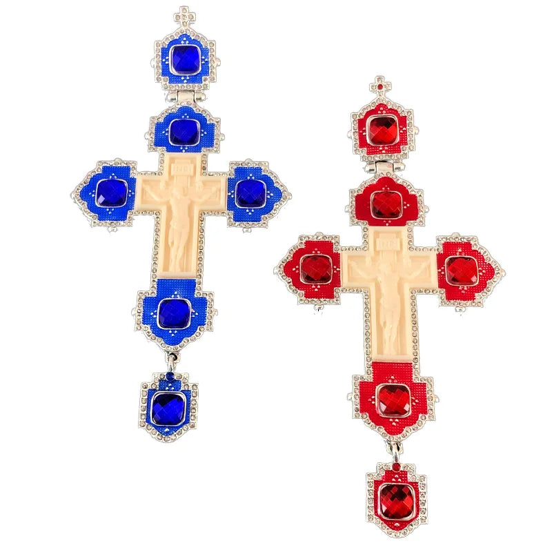 ZD007 Alloy Silver Plated Orthodox Greek Pectoral Cross with Red and Blue Glaze Resin Stones for Church Bishop Gift